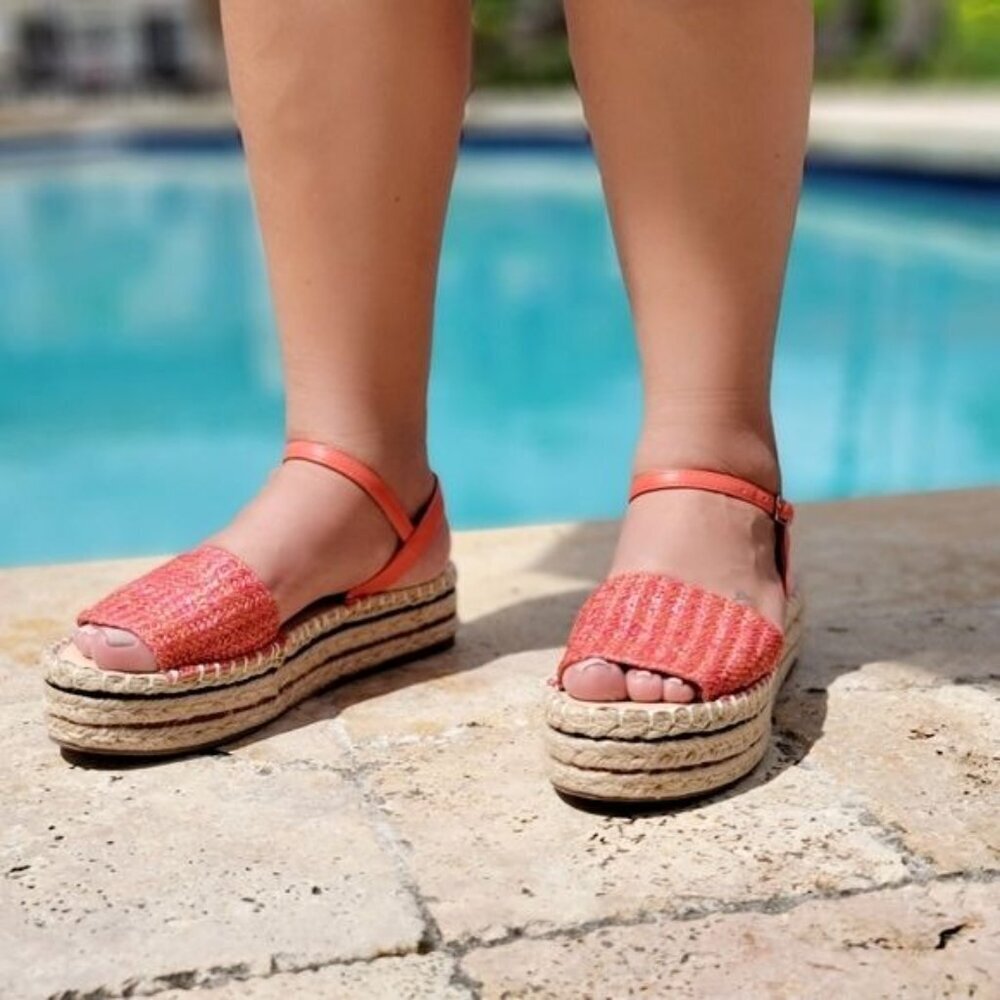 Trendy Coral Espadrille Wedge Sandals Open Toe Faux Leather - Picture 3 of 4